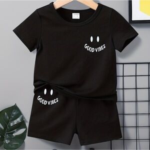 NWOT BOYS BLACK “GOOD VIBES” T-SHIRT AND SHORT SET SIZE 12-18MO
